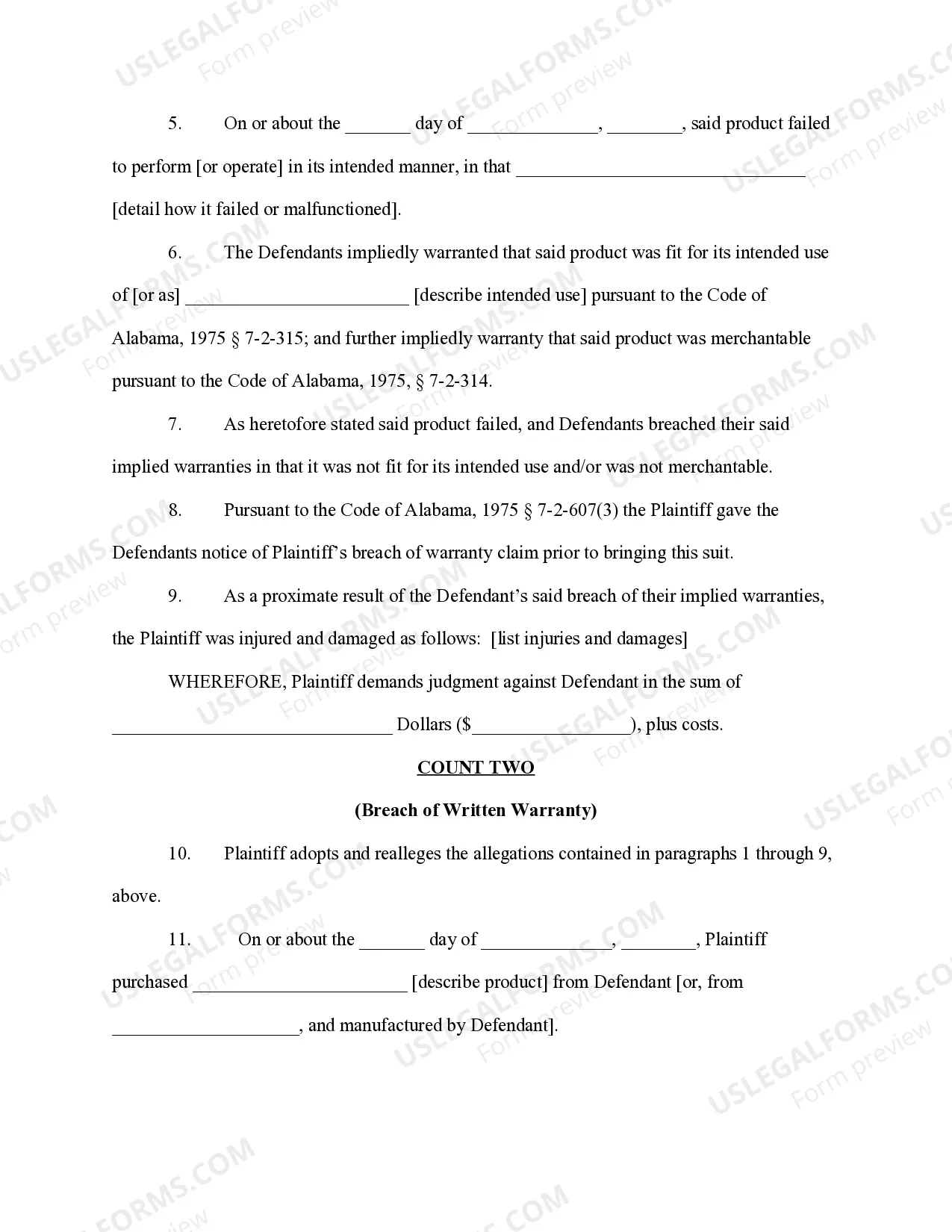 Preview Complaint for Breach of Warranties