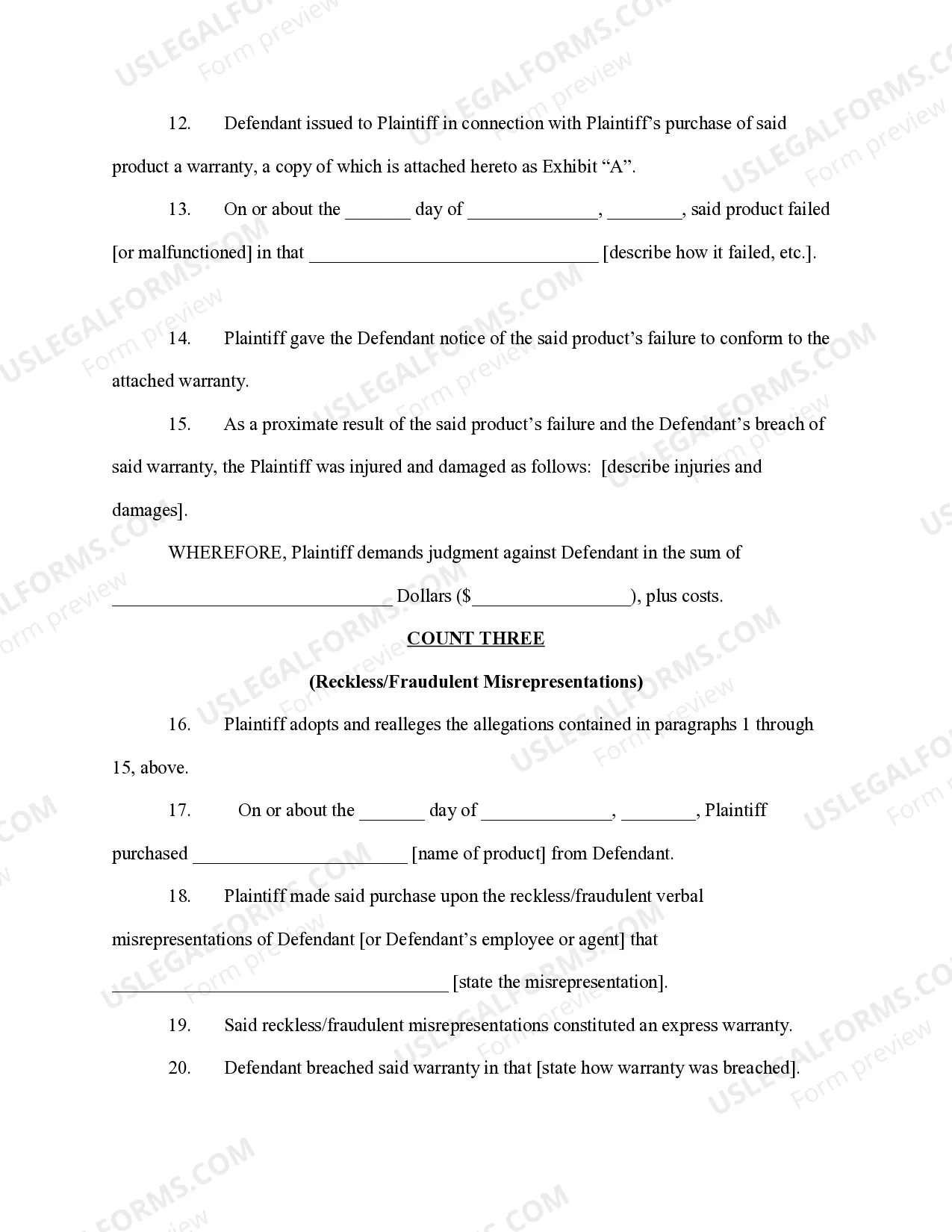 Preview Complaint for Breach of Warranties