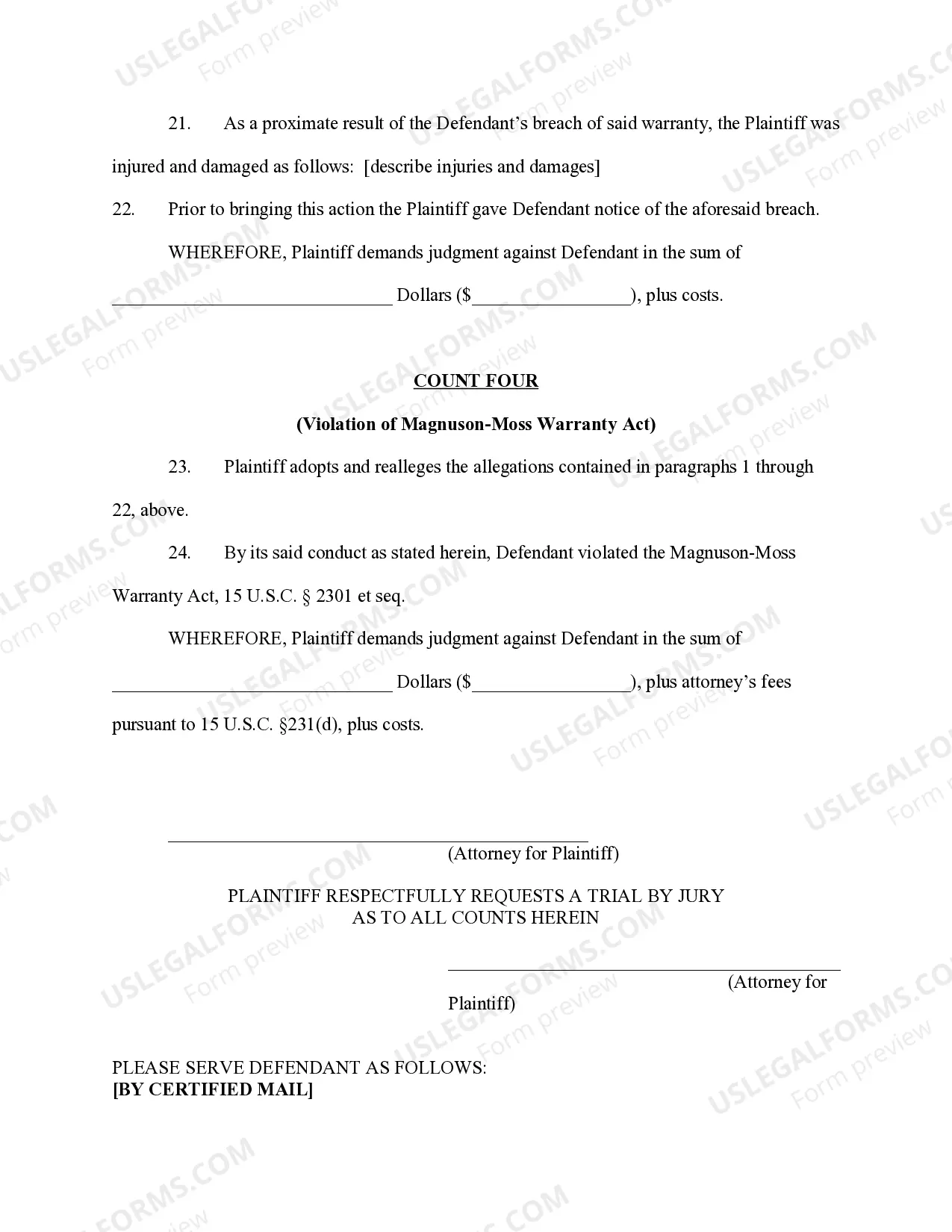 Preview Complaint for Breach of Warranties