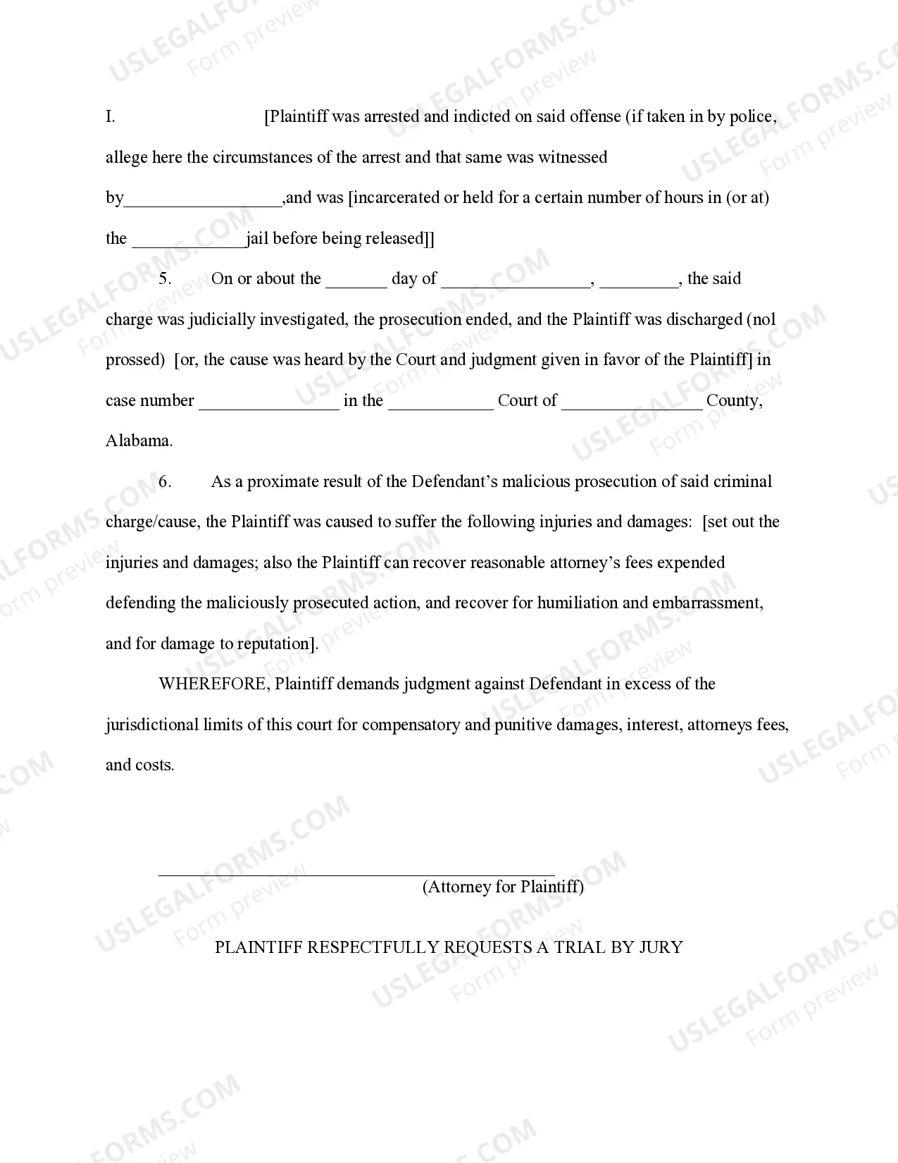 Preview Complaint for Malicious Prosecution