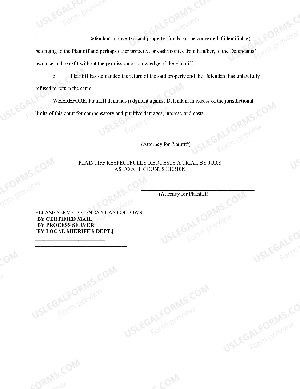 Preview Conversion of Property or Money Complaint