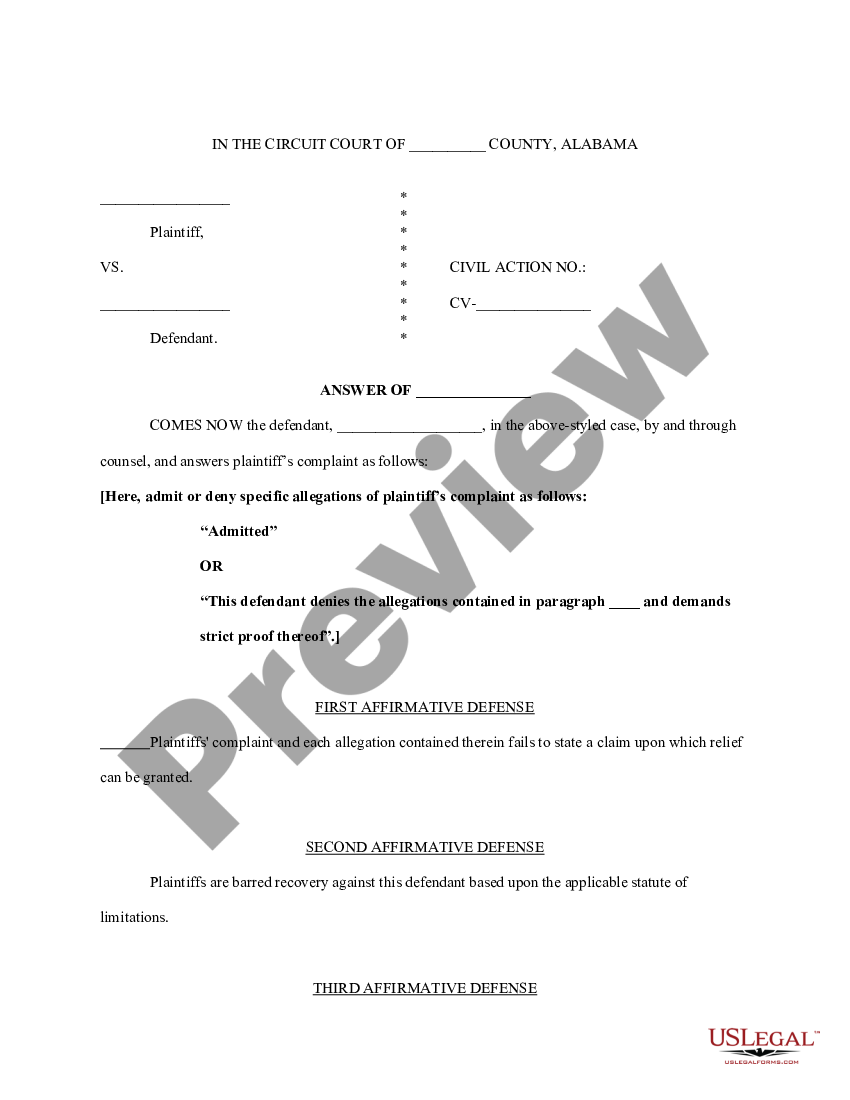 Alabama General Answer to Tort Complaints - Alabama Answer Form | US ...