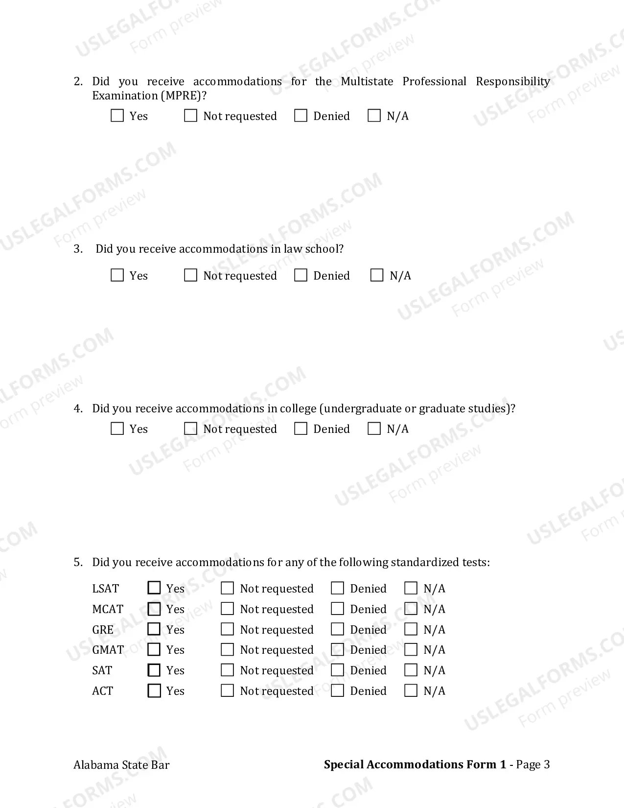 Preview Step 2: Complete Form 1: Applicant Request for Test Accommodations