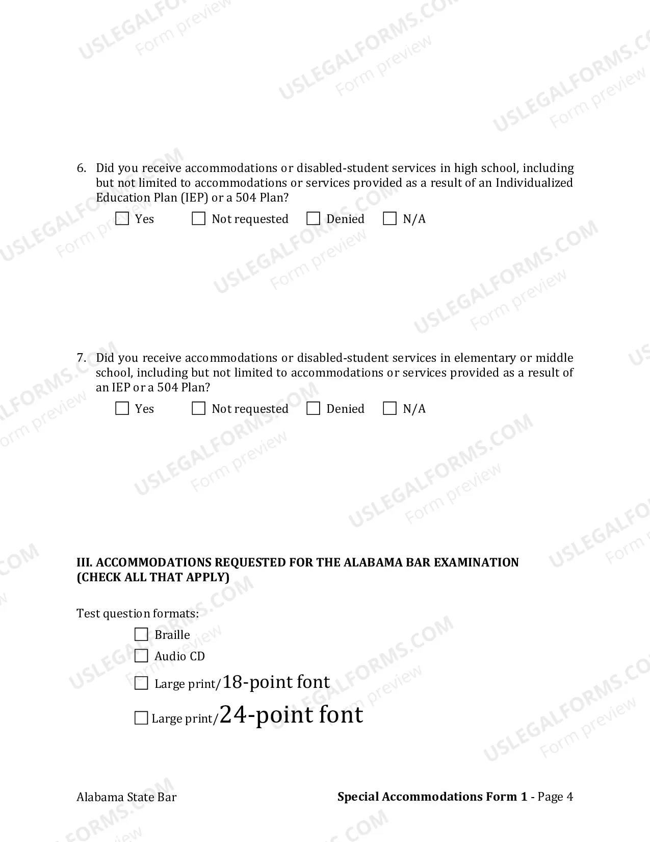 Preview Step 2: Complete Form 1: Applicant Request for Test Accommodations