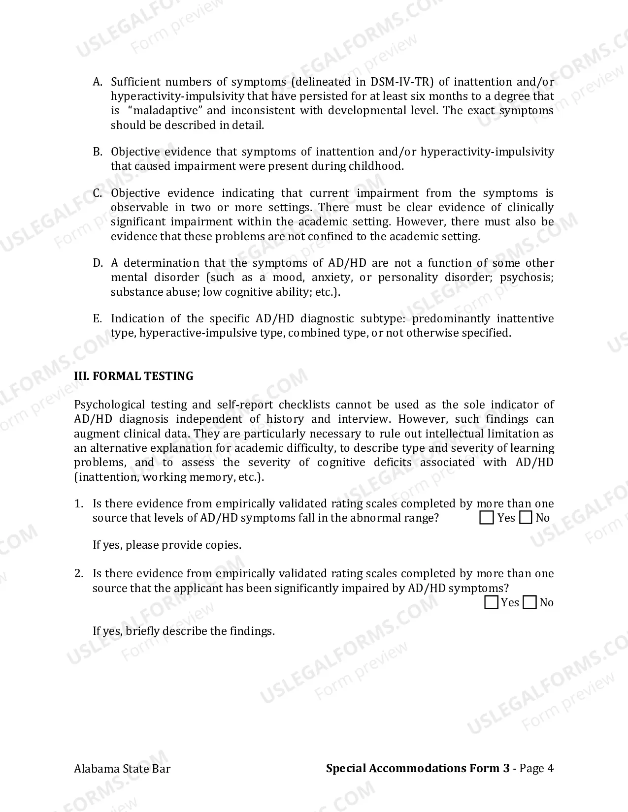 Preview Form 3: Attention Deficit/Hyperactivity Disorder (AD/HD) Verification