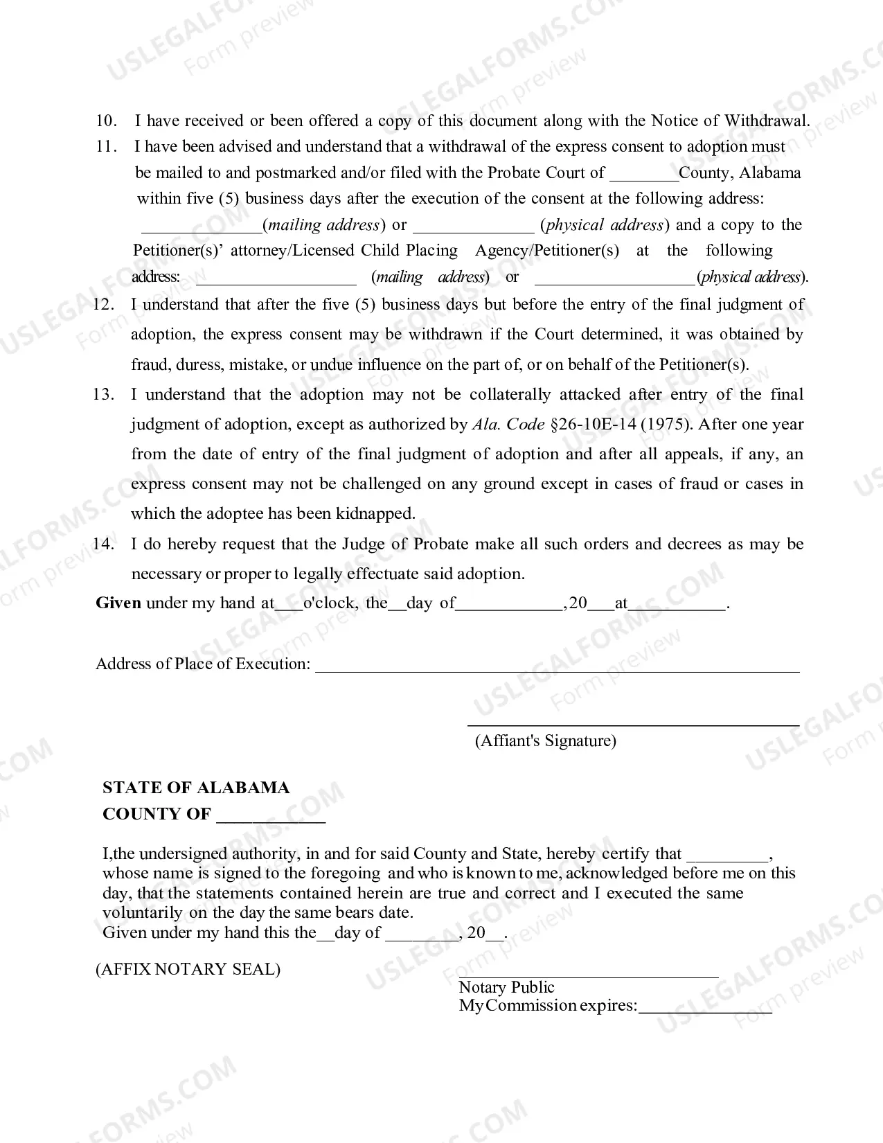 Preview Consent of Minor to Adoption
