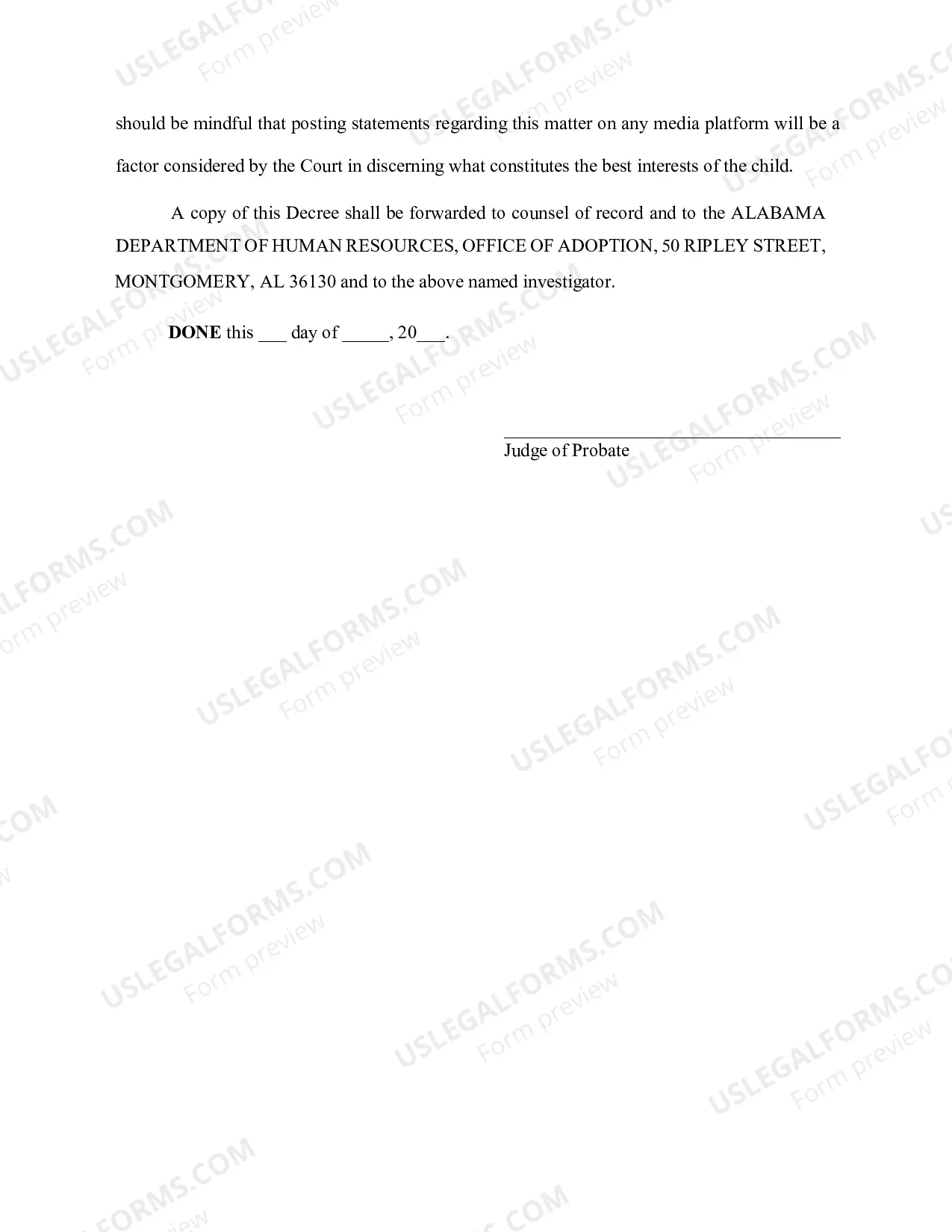 Preview Interlocutory Decree - Non-Related Preplacement Waived - Adoption