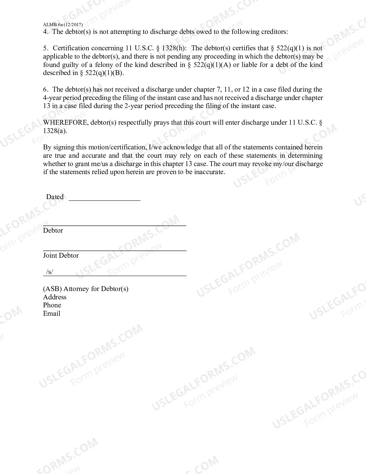 Preview Motion For Discharge Under 11 USC Section 1328(a) (Chapter 13)