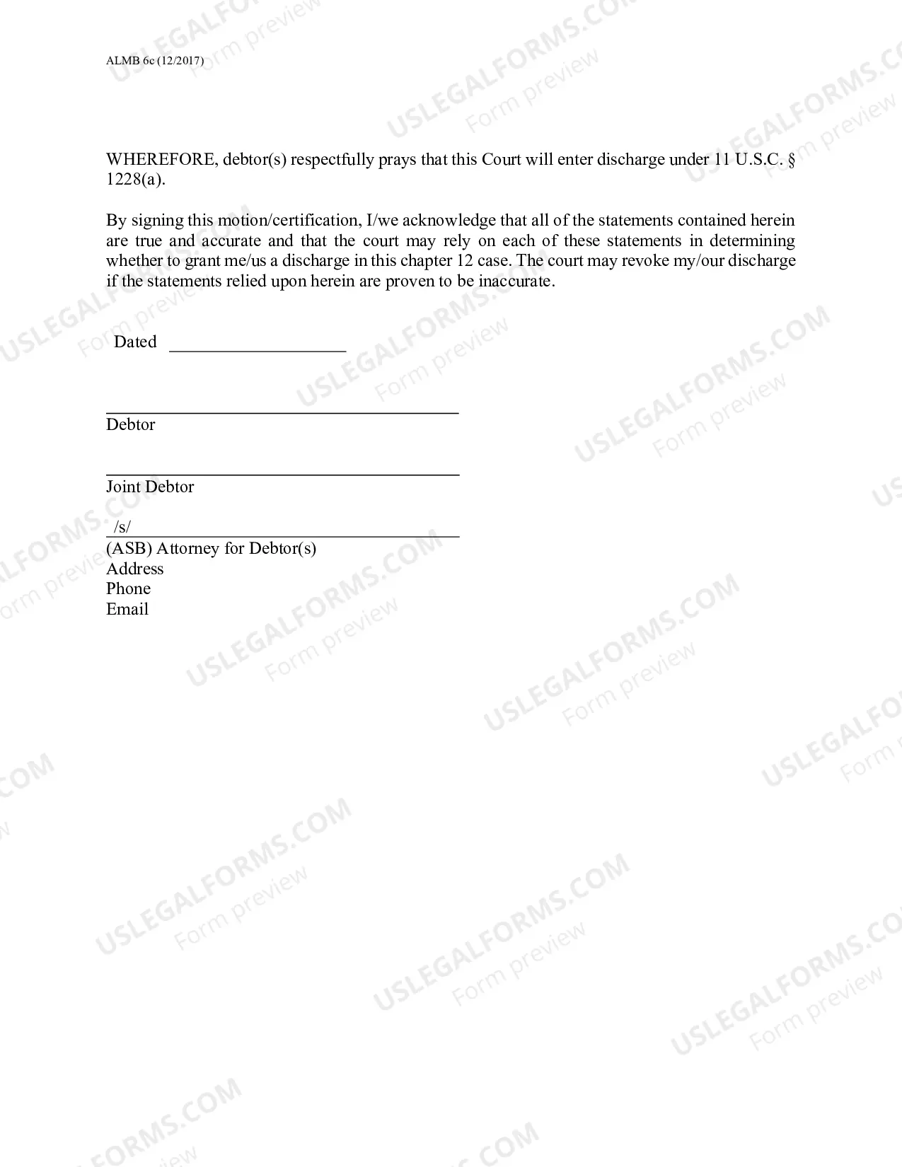 Preview Motion For Discharge Under 11 USC Section 1228(a) (Chapter 12)