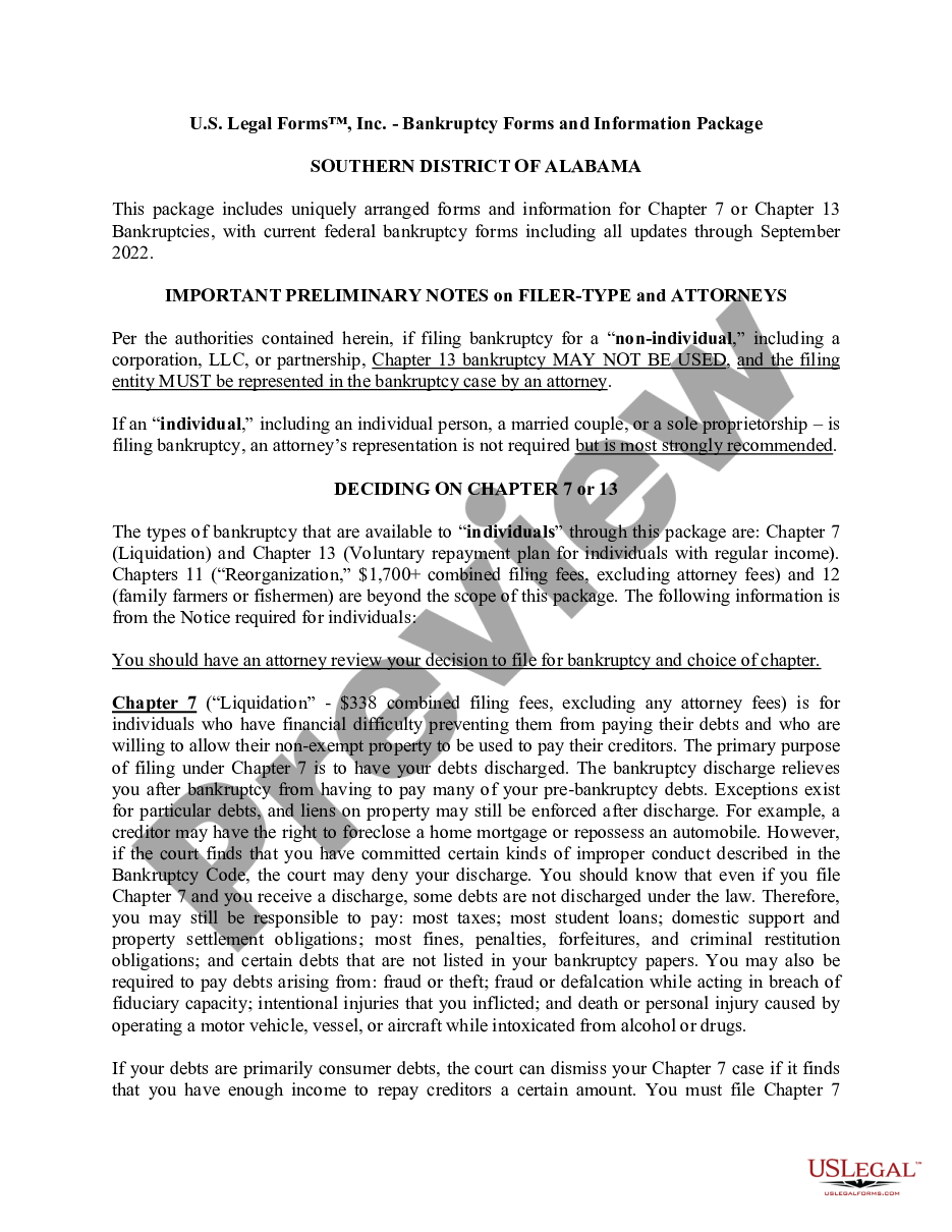 form Alabama Southern District Bankruptcy Guide and Forms Package for Chapters 7 or 13 preview