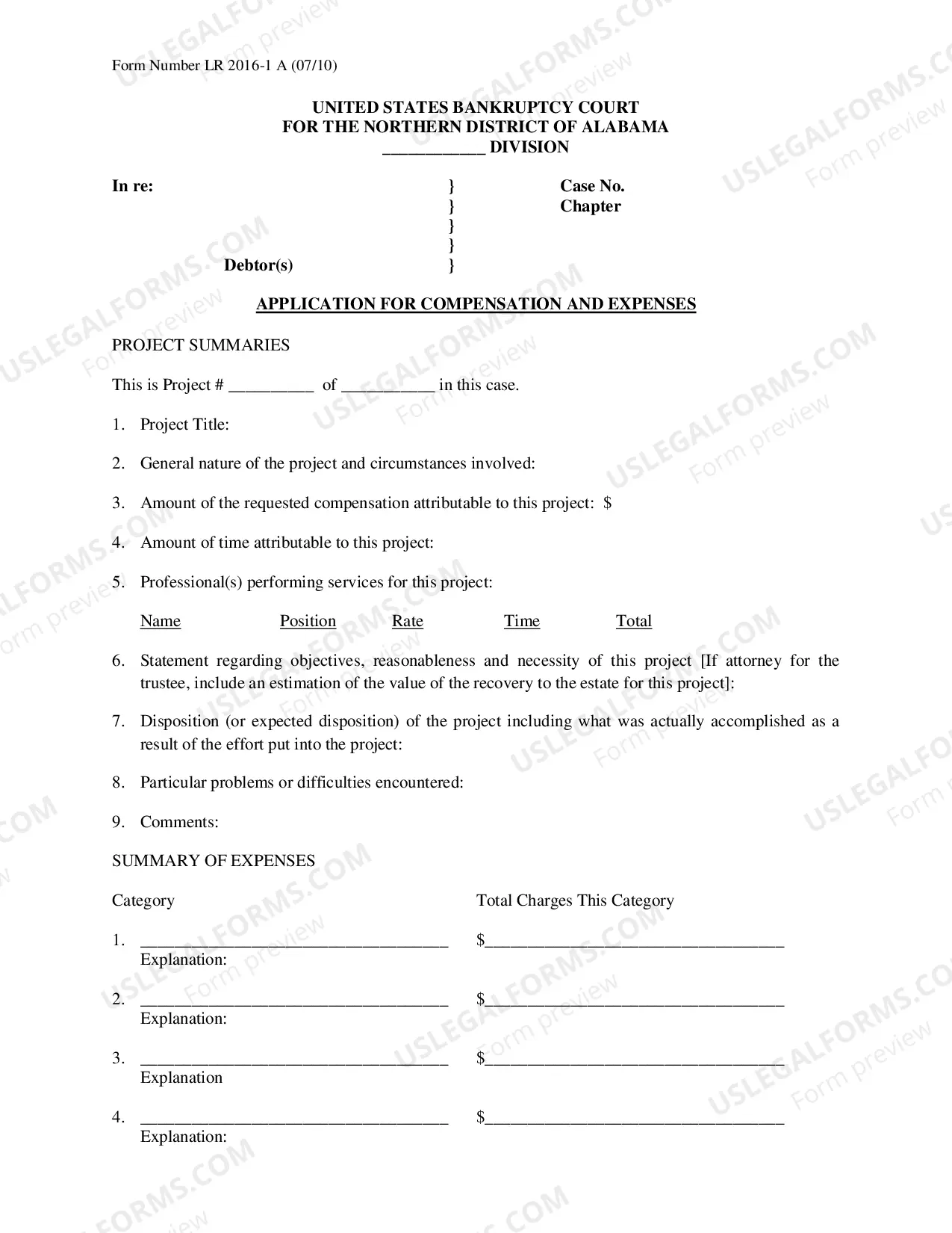 Preview Application for Compensation and Expenses (Cover Sheet, Project Summaries, and Summary of Expenses)