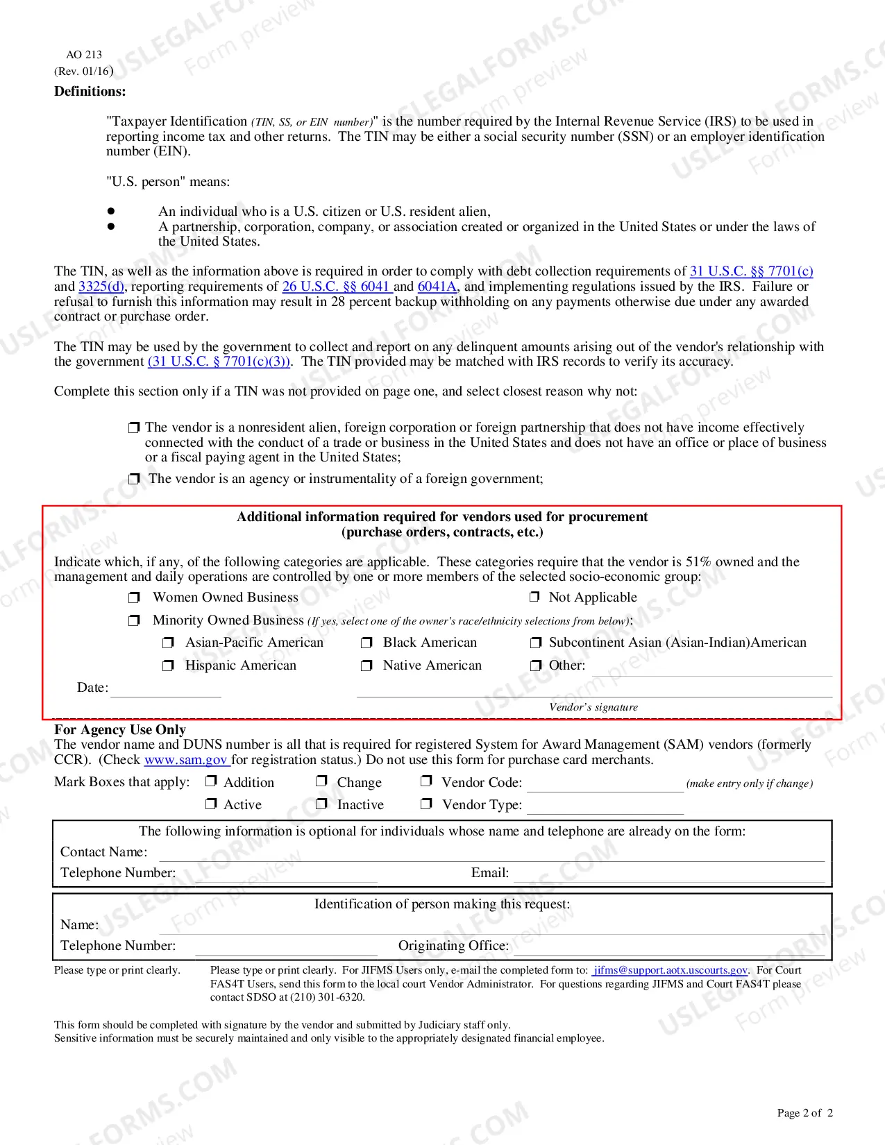 Preview **This form MUST BE FILED in order to RECEIVE PAYMENT**- AO213 - Vendor Information/TIN Certification