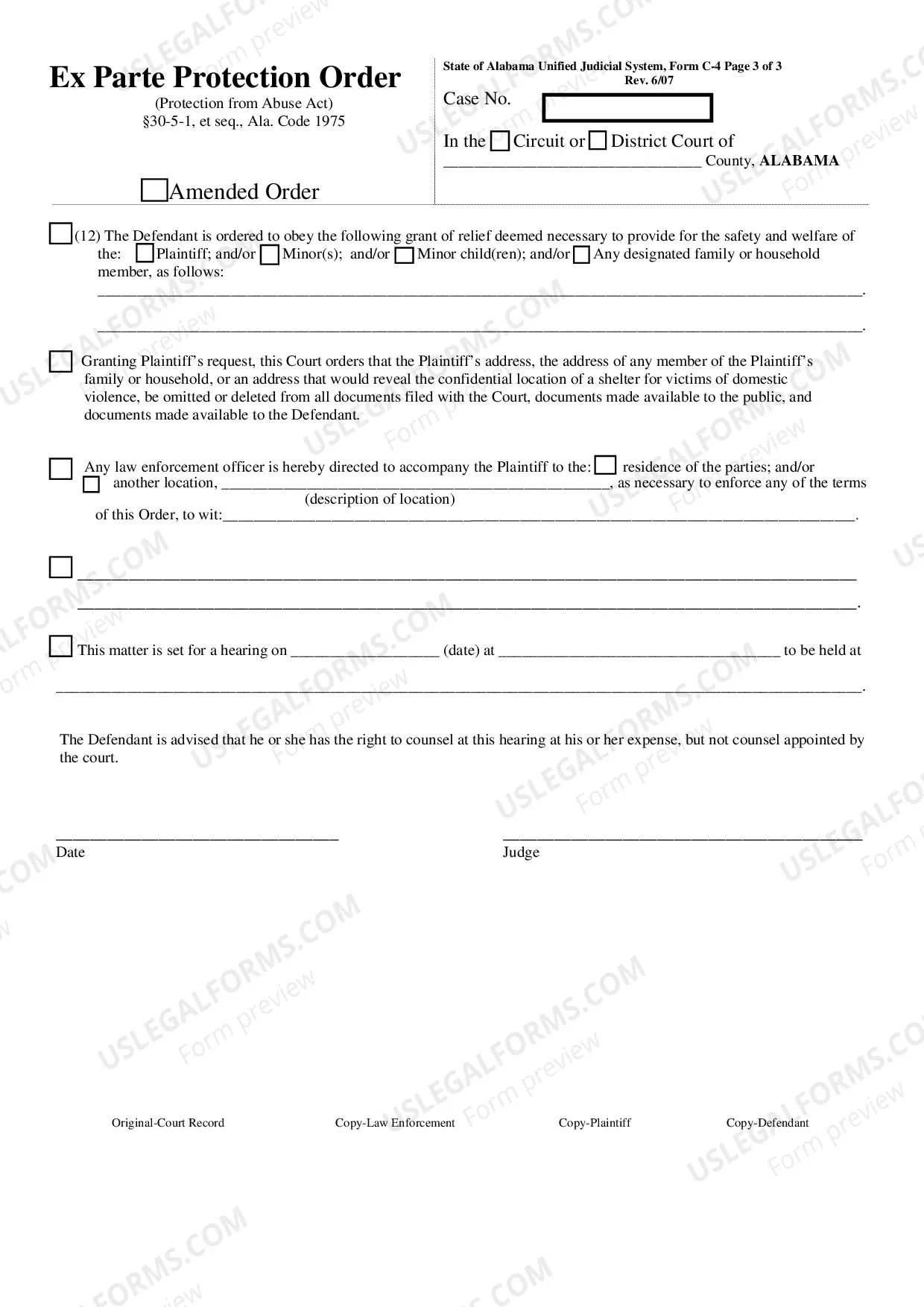 Preview Ex Parte Protection Order (Before July 1, 2010)