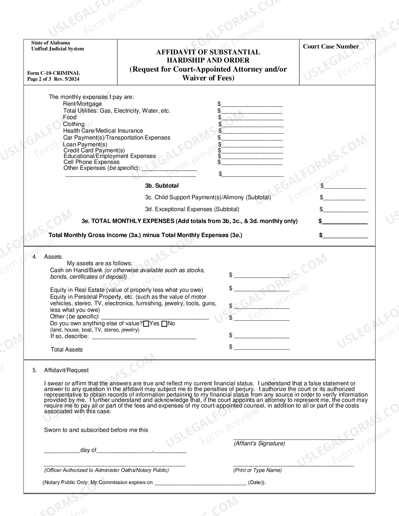 Preview Affidavit of Substantial Hardship and Order - Criminal