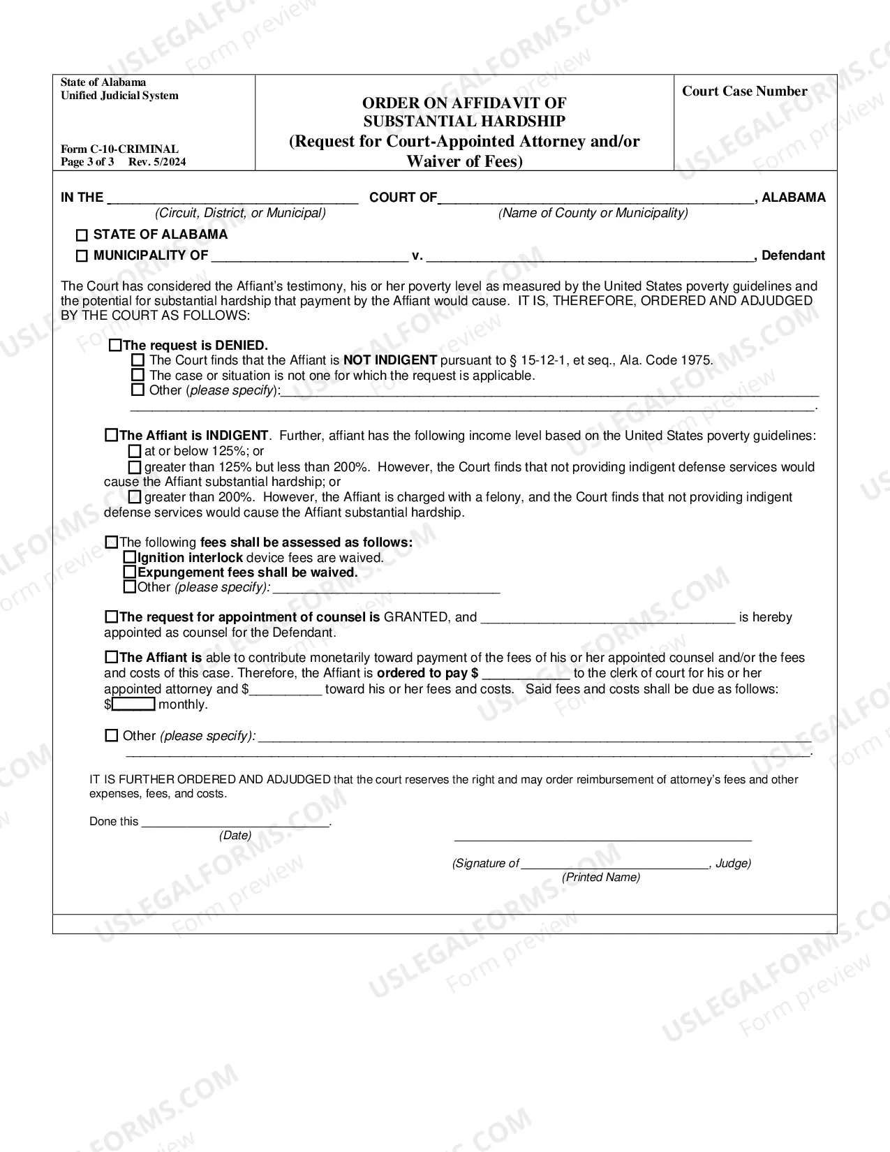 Preview Affidavit of Substantial Hardship and Order - Criminal