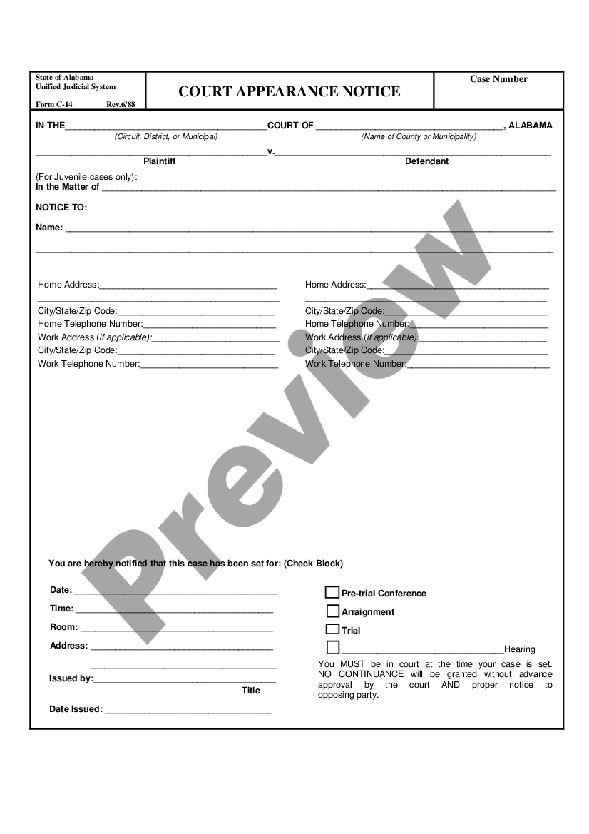 Alabama Court Appearance Notice US Legal Forms