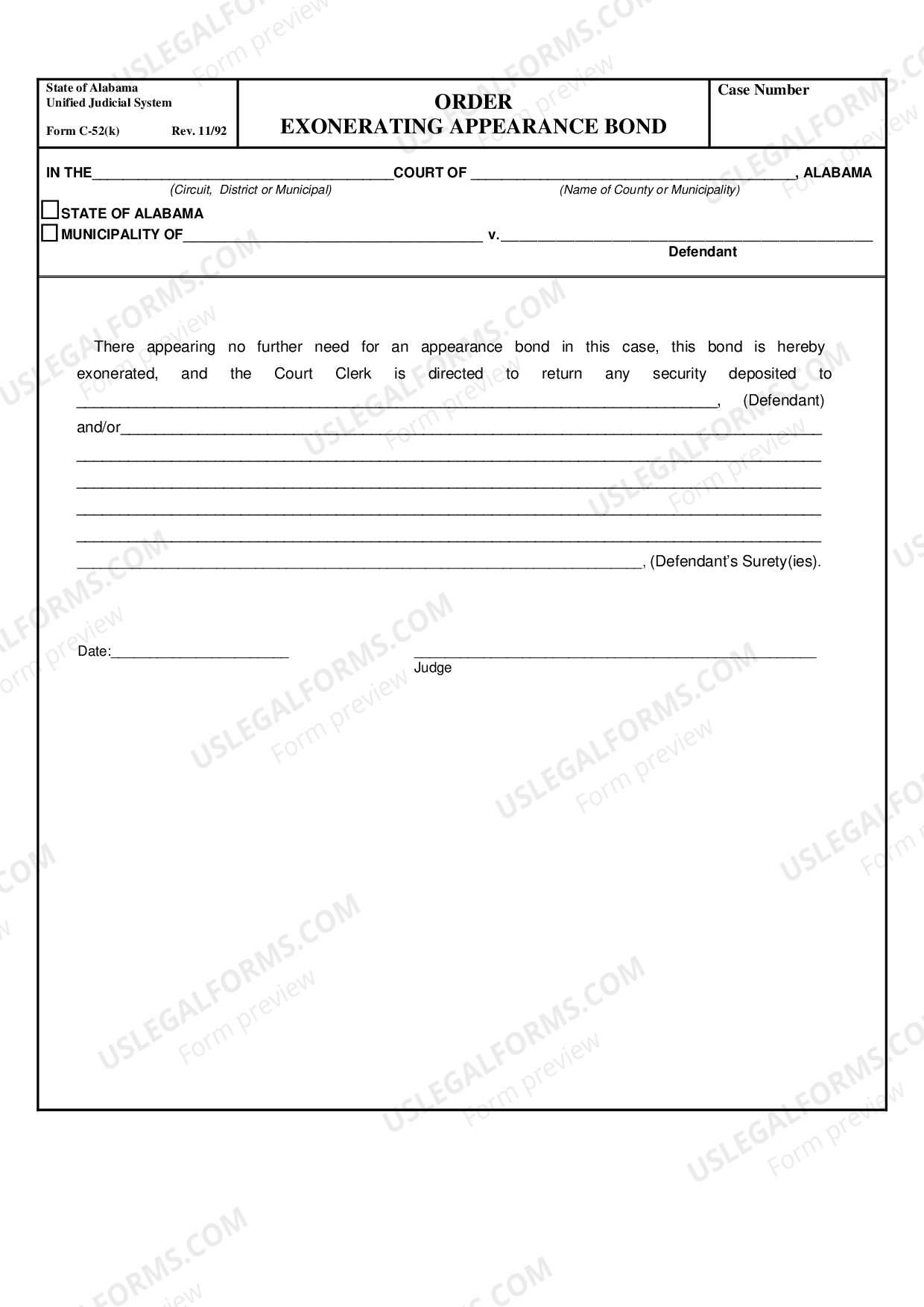 Birmingham Alabama Order Exonerating Appearance Bond US Legal Forms