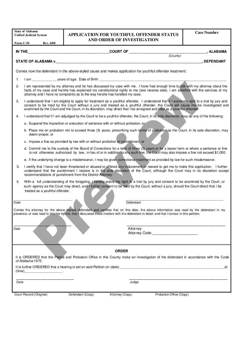 Huntsville Alabama Application For Youthful Offender Status And Order Of Investigation 0548