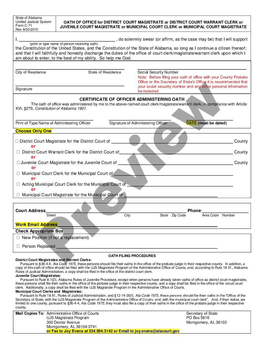 form Oath of Office for Magistrates or Warrant Clerks preview