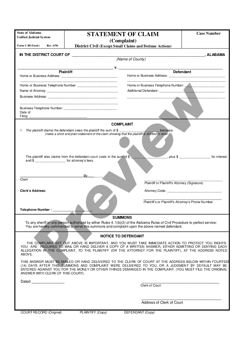 Alabama Statement Of Claim Alabama Statement Of Claim Form Us Legal Forms 4247