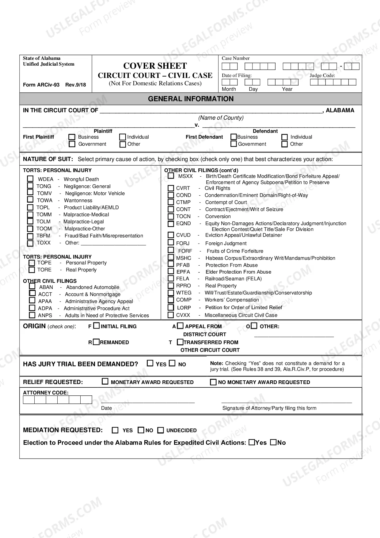 Preview Civil Cover Sheet