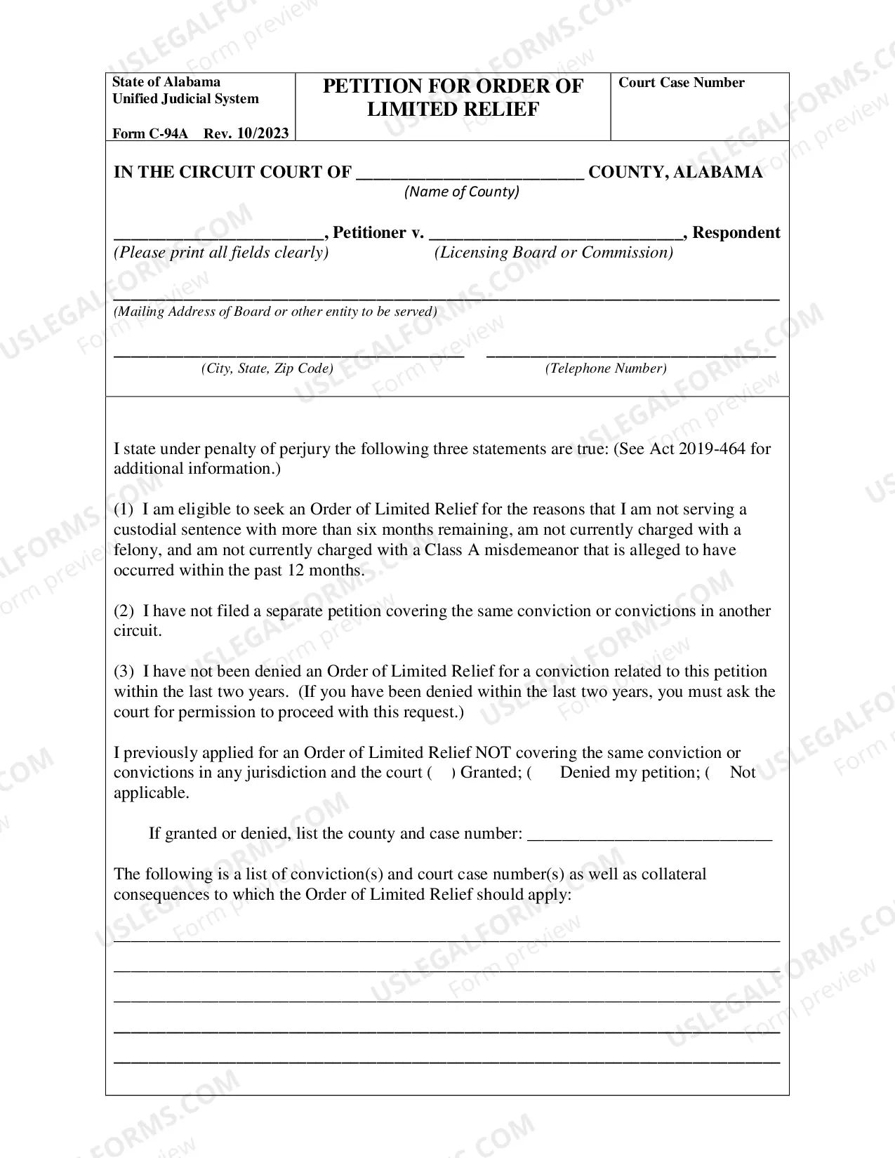Preview Petition for Order of Limited Relief