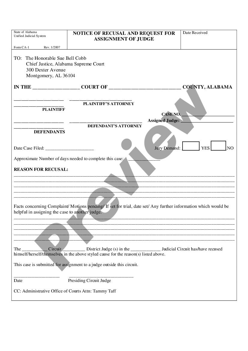 Alabama Notice of Recusal and Request for Assignment of Judge How