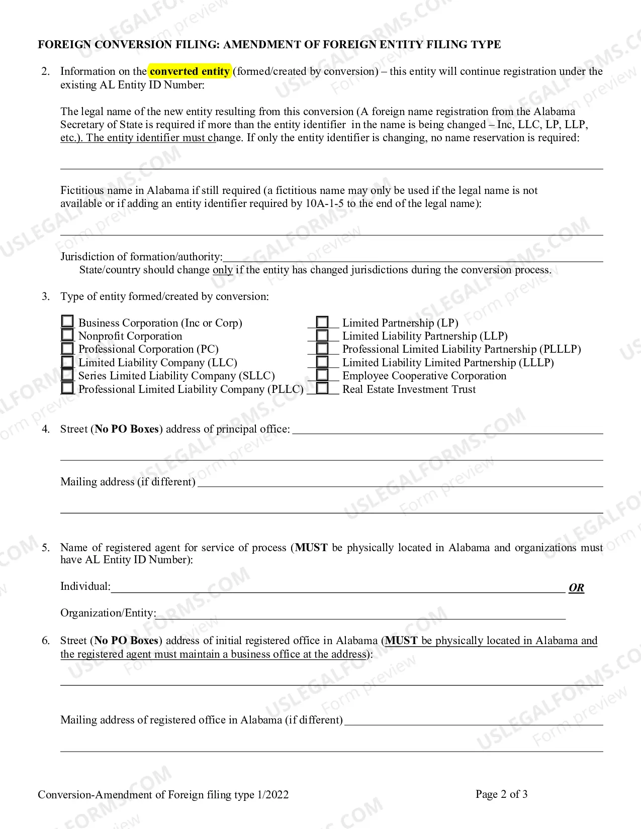 Preview Foreign Conversion Filing: Amendment of Foreign Entity Filing Type