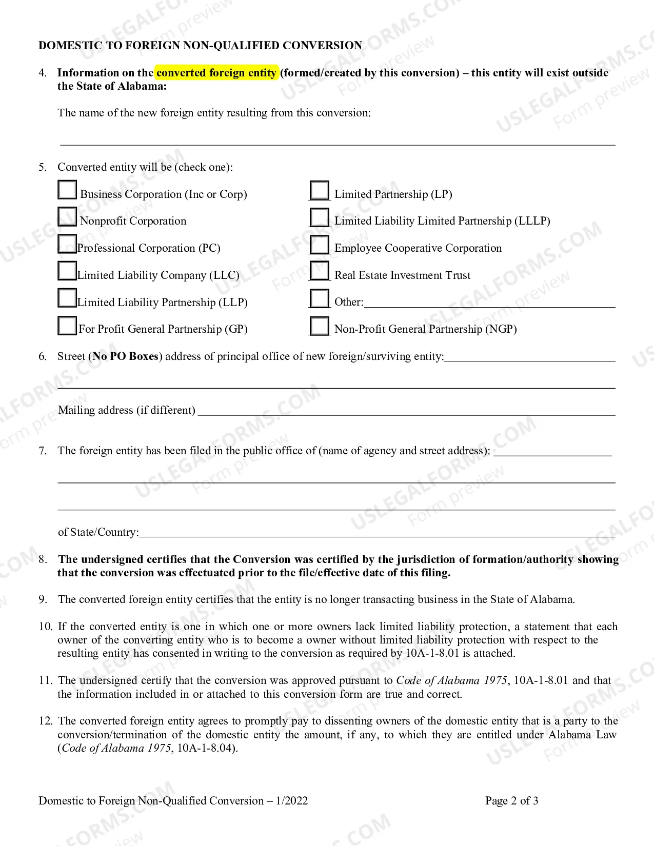 Preview Domestic Entity Conversion to Non-Registered Foreign Entity (Termination of Domestic Entity)