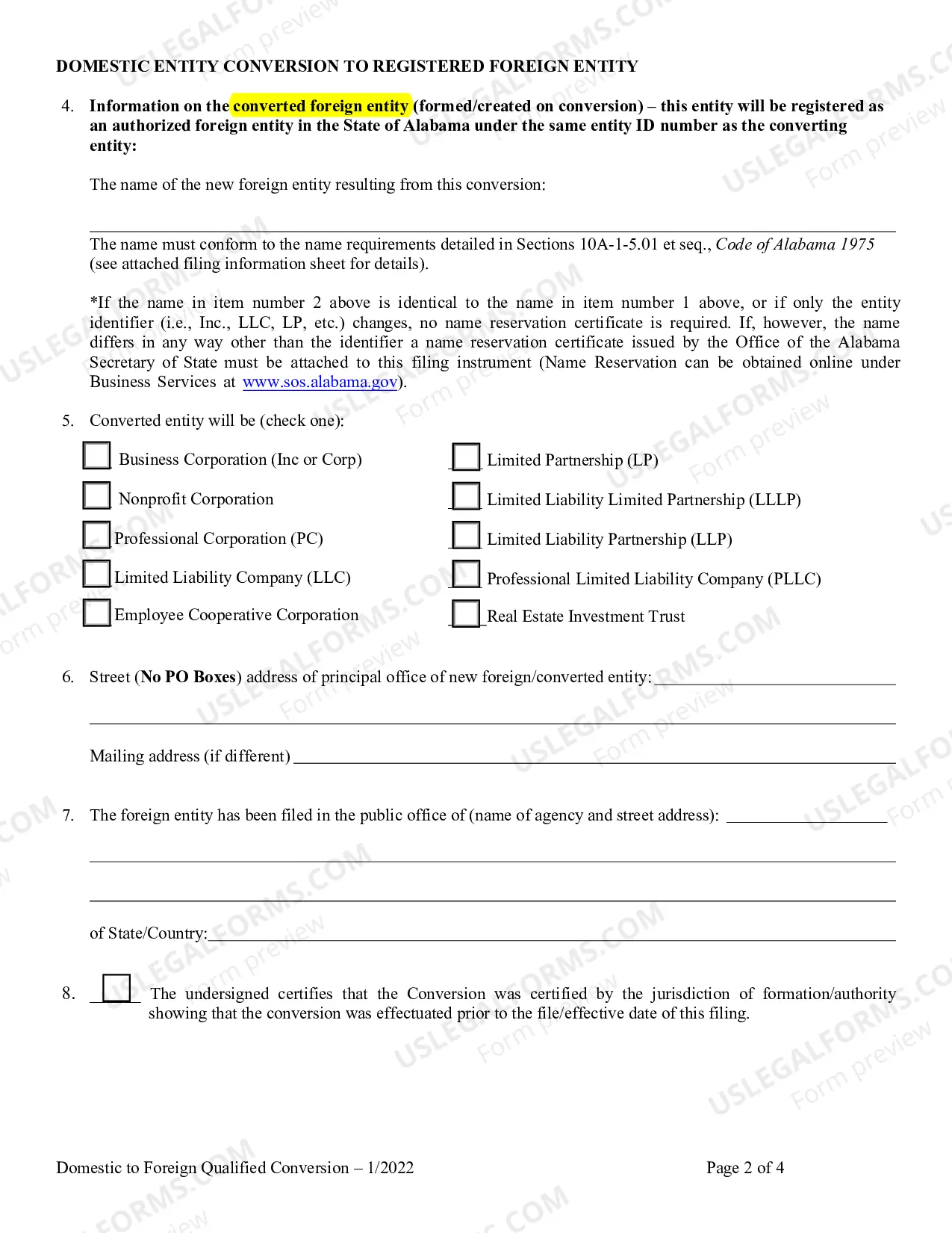 Preview Domestic Entity Conversion to Registered Foreign Entity