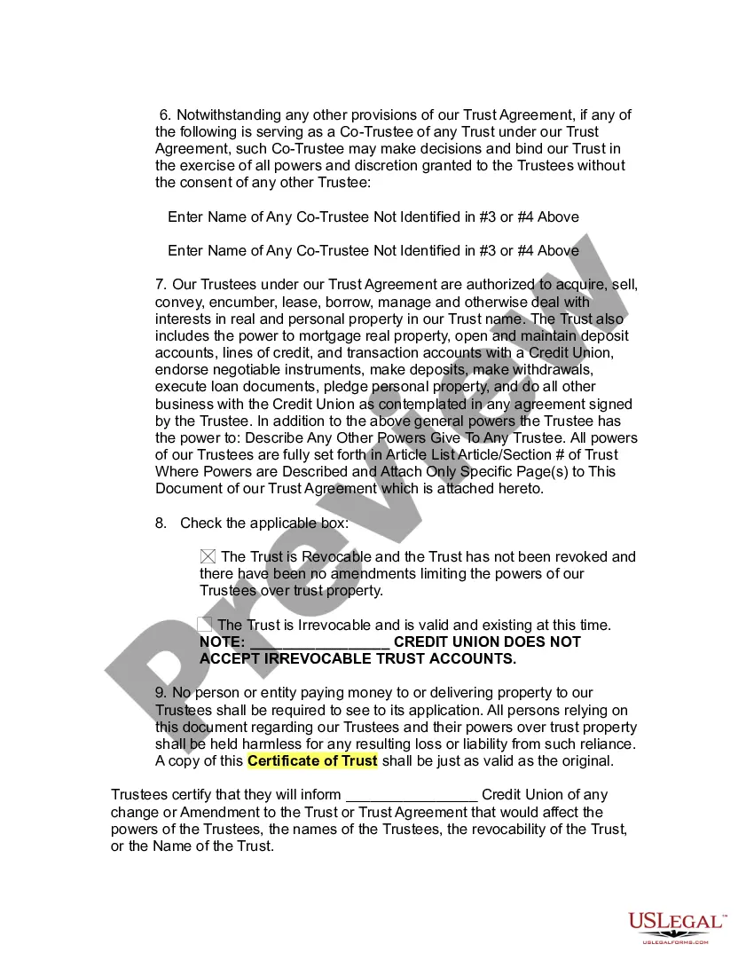 Preview Certification or Certificate of Trust