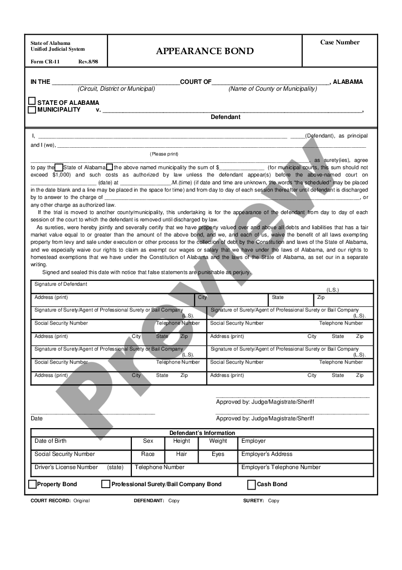 Alabama Appearance Bond Signature Bond Alabama US Legal Forms