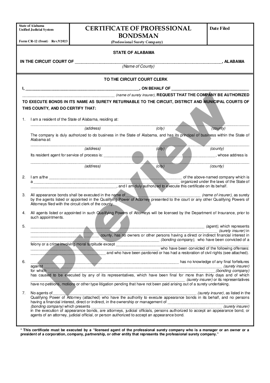 page 0 Certificate of Professional Bondsman - Professional Surety Company preview