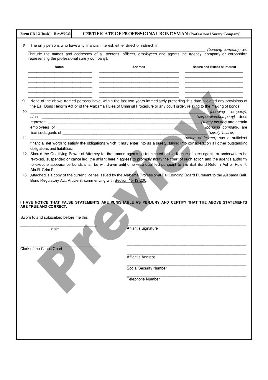 page 1 Certificate of Professional Bondsman - Professional Surety Company preview