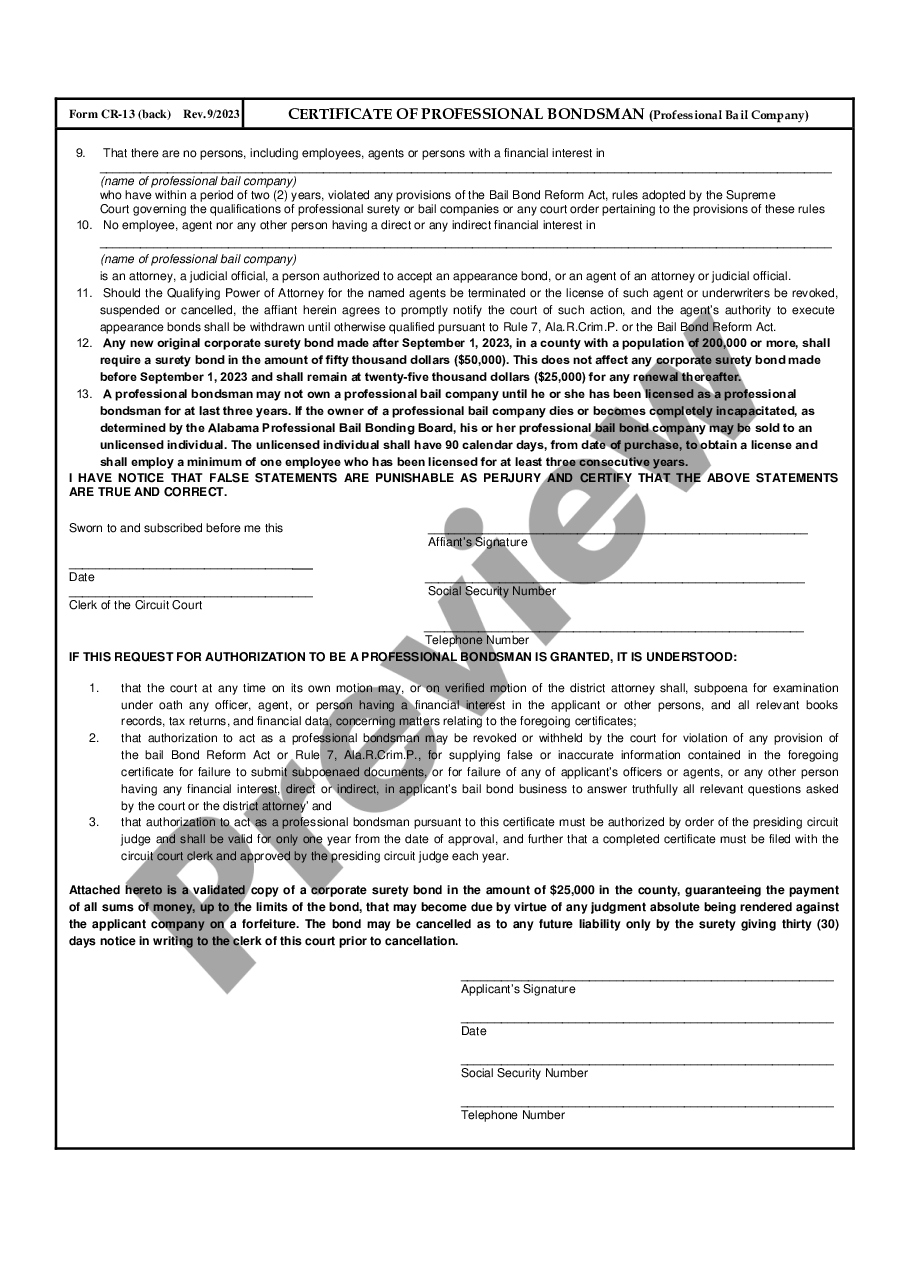 form Certificate of Professional Bondsman - Professional Bond Company preview