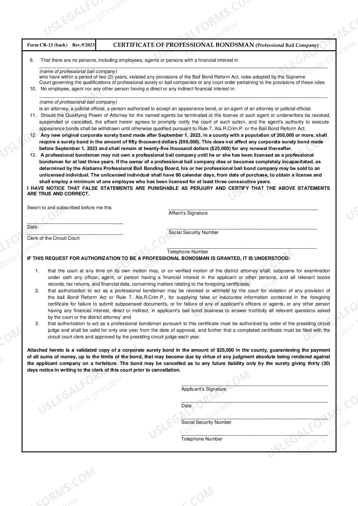 Preview Certificate of Professional Bondsman (Professional Bail Company)