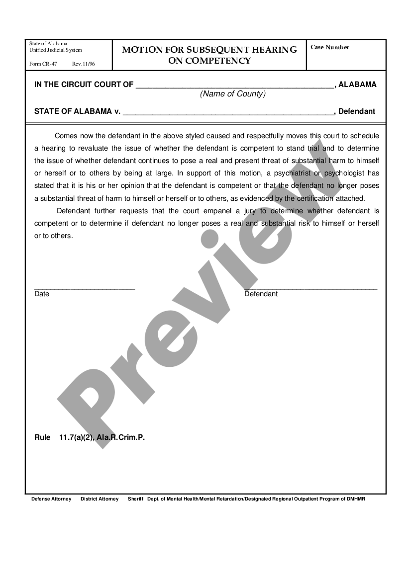 form Motion for Subsequent Hearing on Competency preview