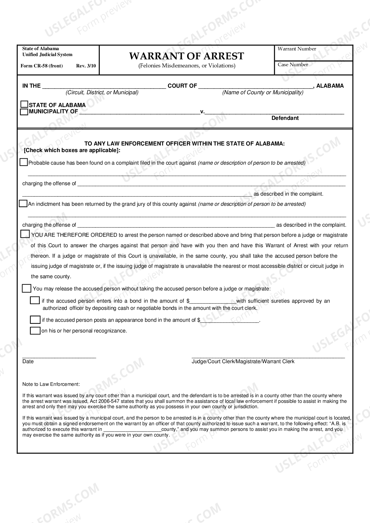 Alabama Warrant of Arrest ( Felonies Misdemeanor Warrant US Legal Forms