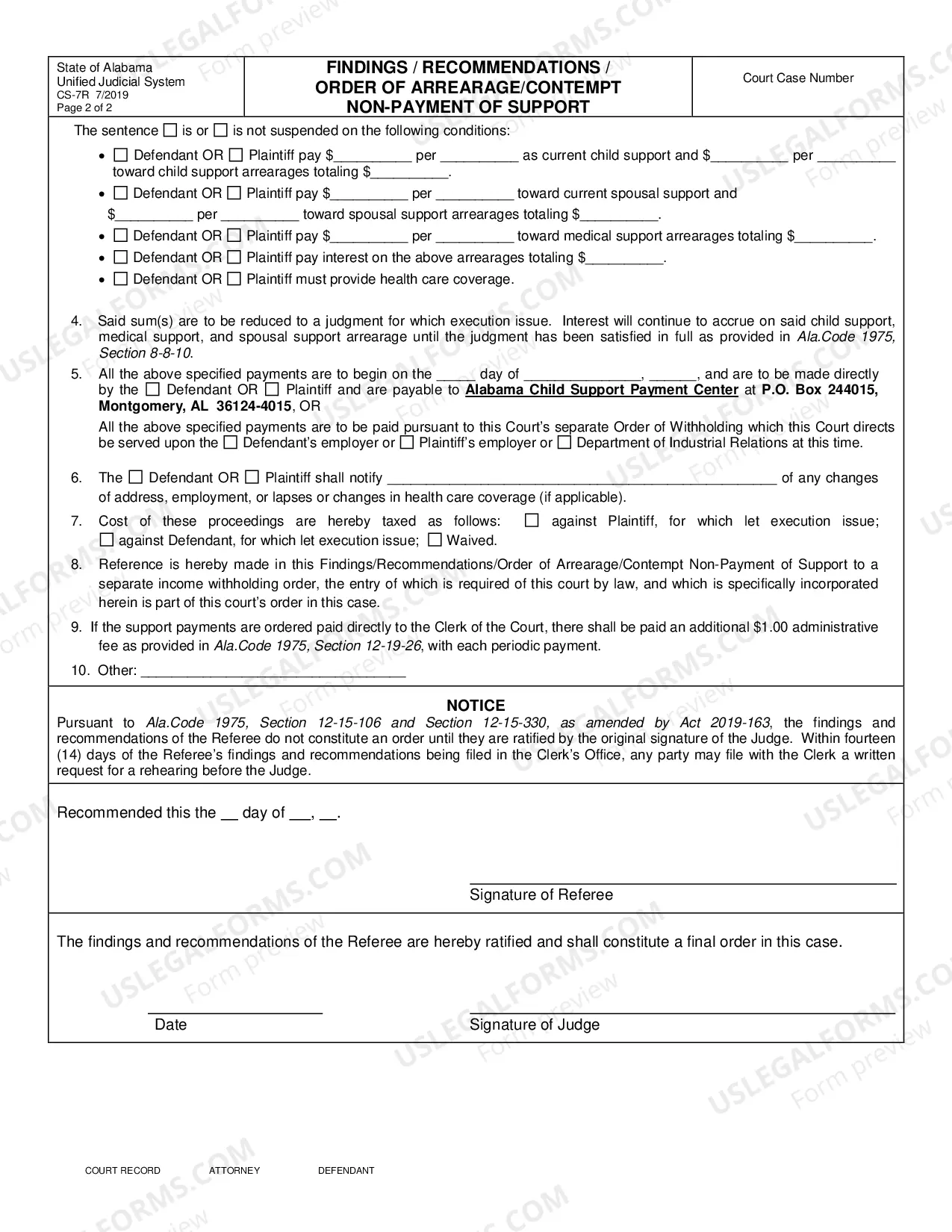 Preview Findings, Recommendations, Order of Arrearage, Contempt, Non Payment of Child Support