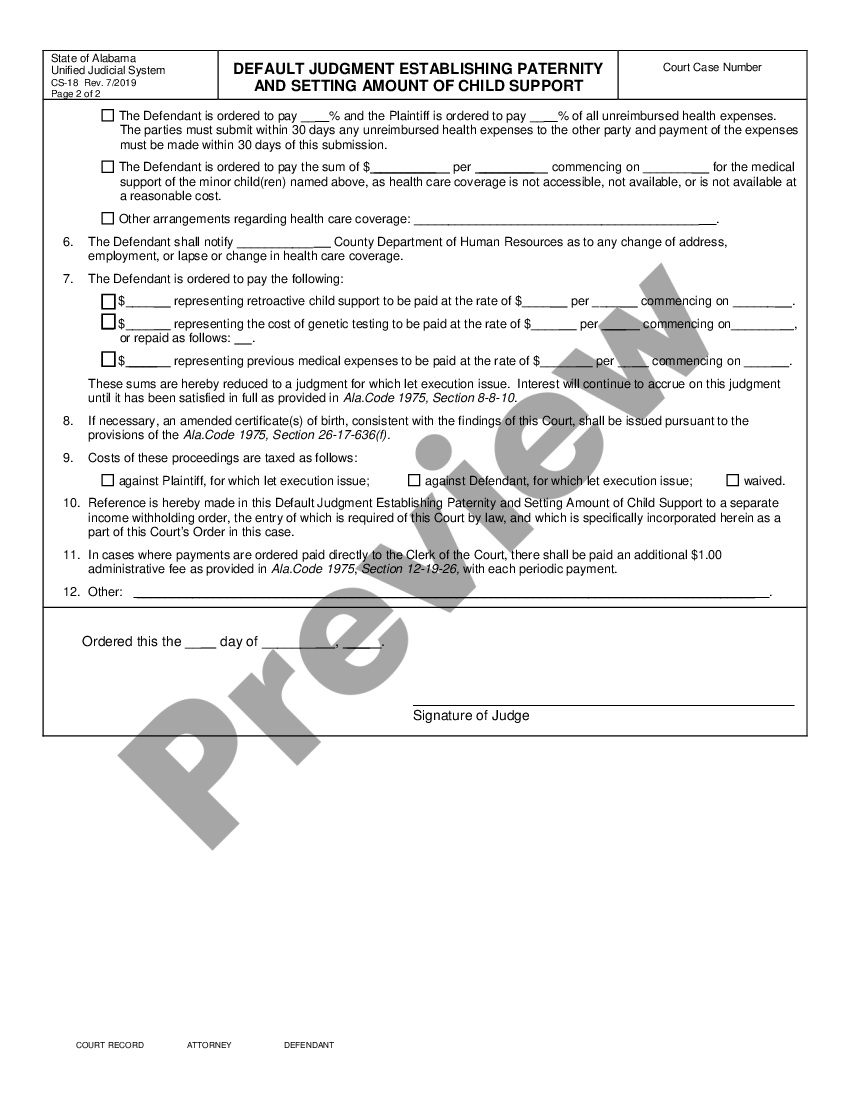 Alabama Default Judgment Establishing Paternity And Setting Amount Of 