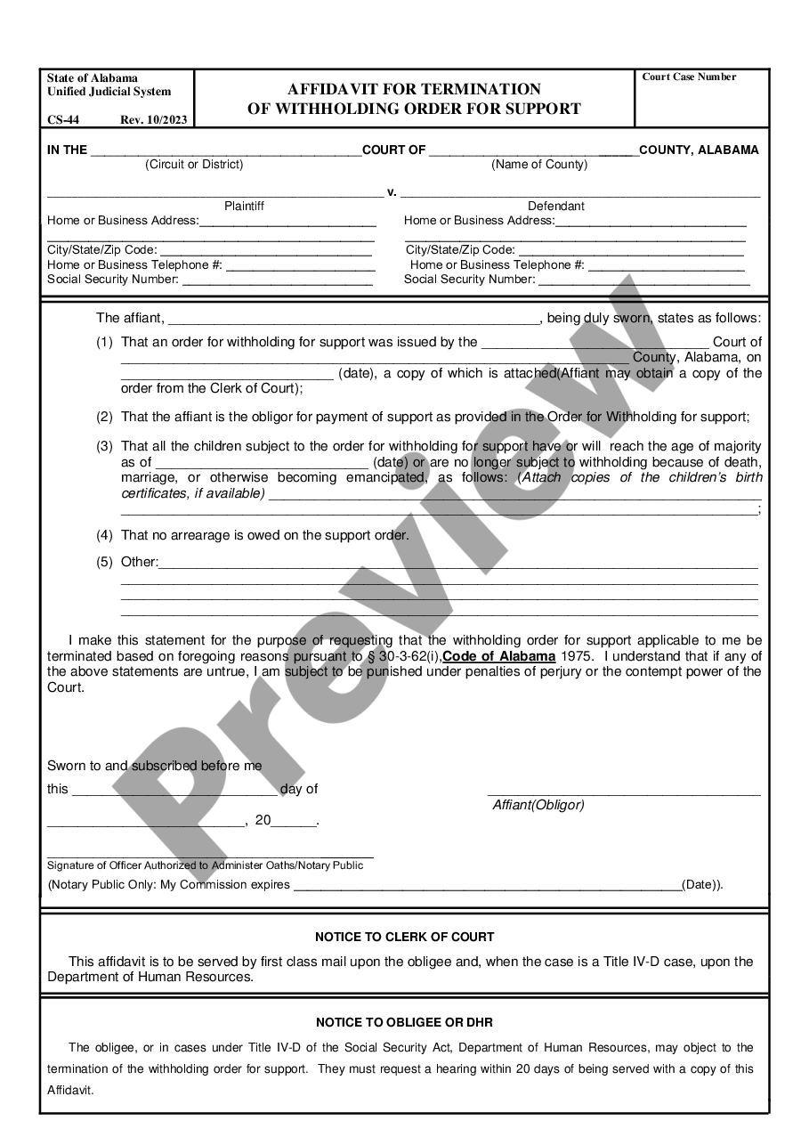 form Affidavit of Termination of Withholding Order for Support preview