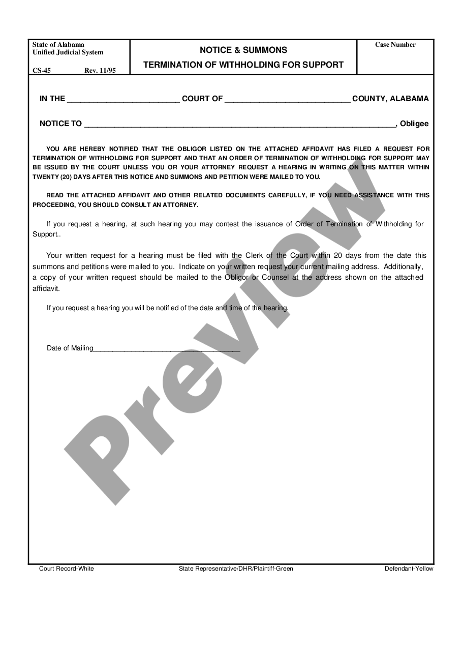 form Notice and Summons - Termination of Withholding for Support preview