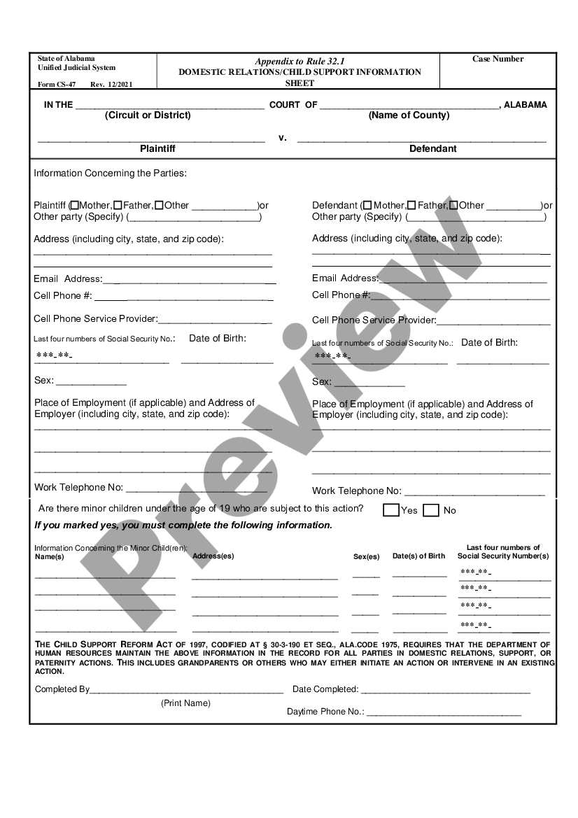 Alabama Child Support Information Sheet Official Form CS Cs 47 Form