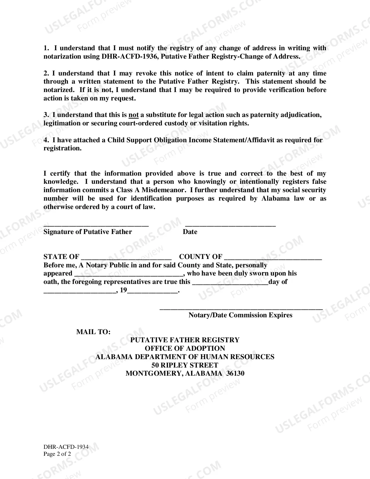 Preview Putative Father Intent to Claim Paternity Registration