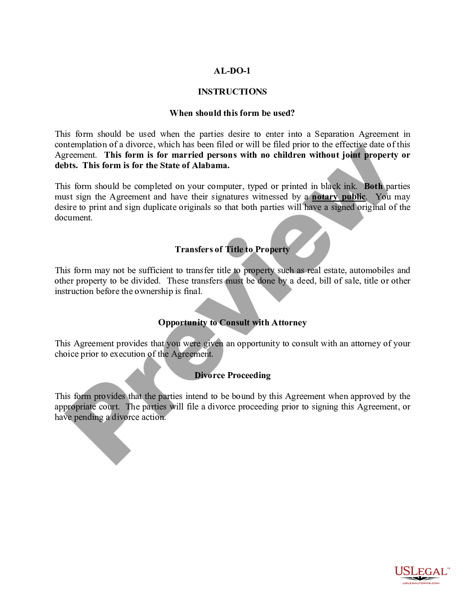 page 0 Marital Legal Separation and Property Settlement Agreement where No Children or No Joint Property or Debts and Divorce Action Filed preview
