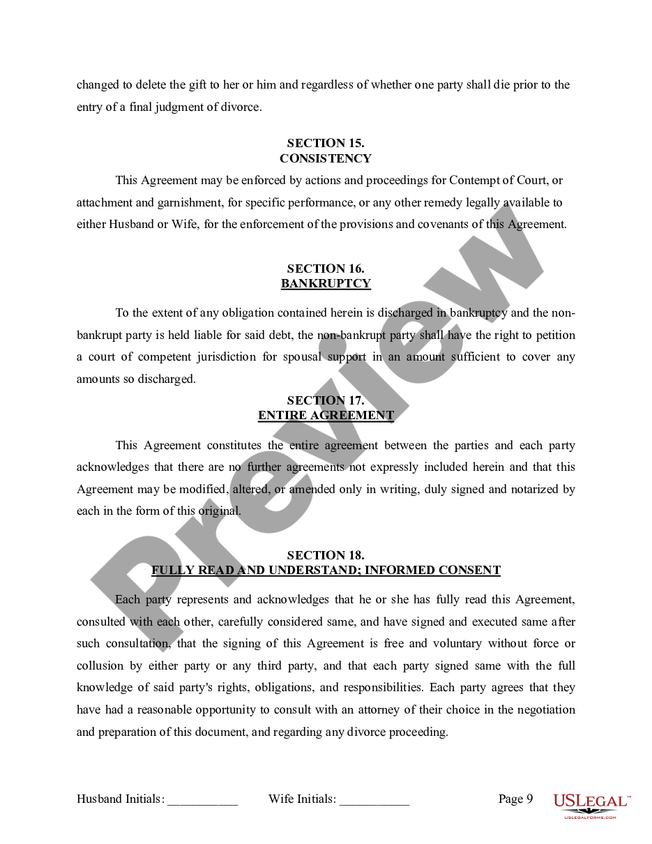 page 9 Marital Legal Separation and Property Settlement Agreement where No Children or No Joint Property or Debts and Divorce Action Filed preview