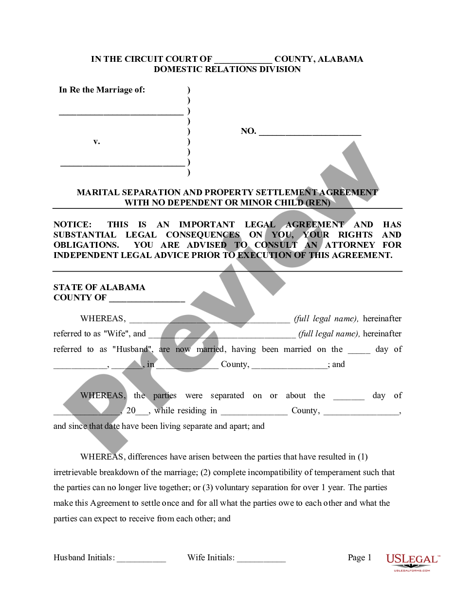 form Marital Legal Separation and Property Settlement Agreement where No Children or No Joint Property or Debts and Divorce Action Filed preview
