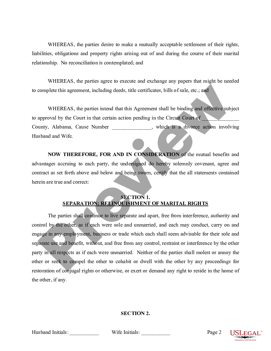 form Marital Legal Separation and Property Settlement Agreement where No Children or No Joint Property or Debts and Divorce Action Filed preview