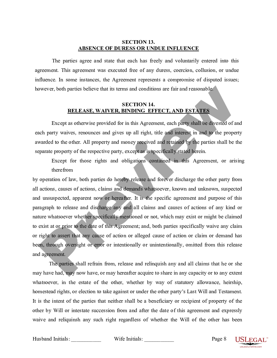 page 8 Marital Legal Separation and Property Settlement Agreement where No Children or No Joint Property or Debts and Divorce Action Filed preview
