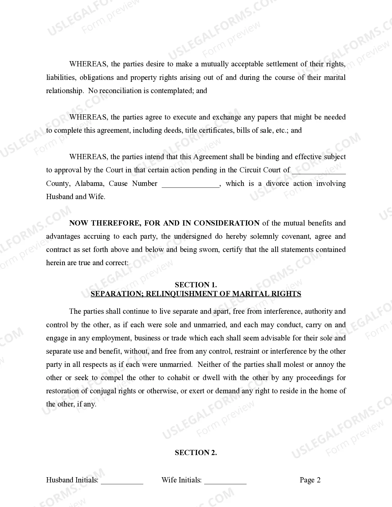 Preview Marital Legal Separation and Property Settlement Agreement where No Children or No Joint Property or Debts and Divorce Action Filed